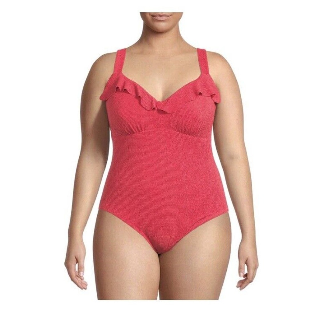 Social Angel Women's Plus Size 3X Ribbed Ruffle One-Piece Swimsuit red V-neck